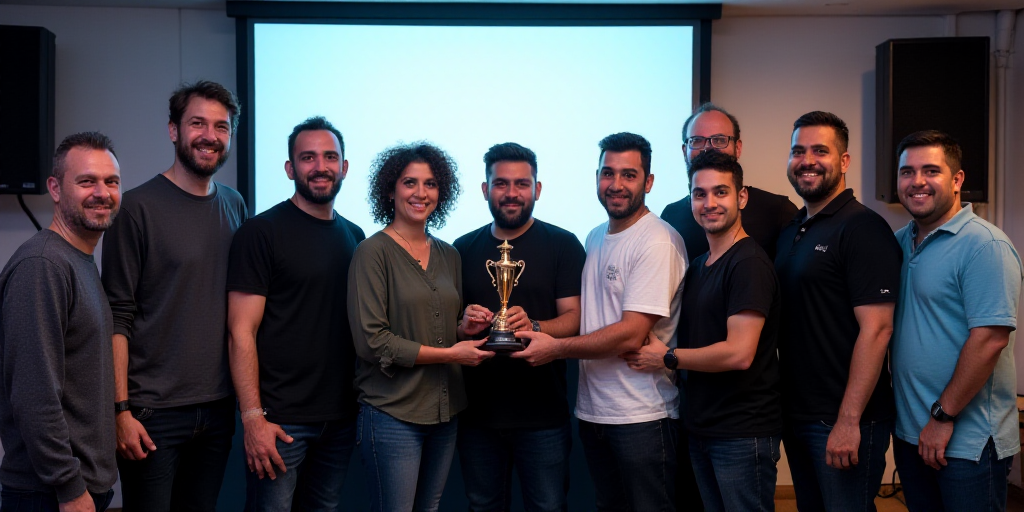 a group of people standing in front of a large screen holding a trophy in their hands and smiling at