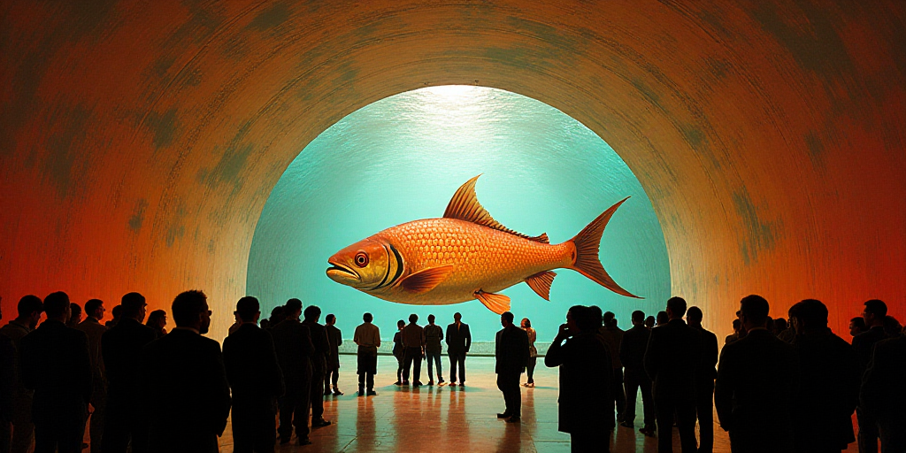 a group of people standing in front of a painting of a fish in a tunnel with a man in a suit, David