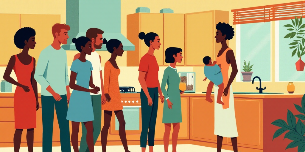 a group of people standing in a kitchen next to each other and a woman holding a baby in a sling, Ch