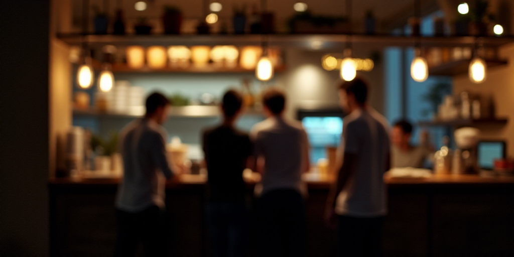 a group of people standing in front of a counter in a restaurant or restaurant kitchen at night time