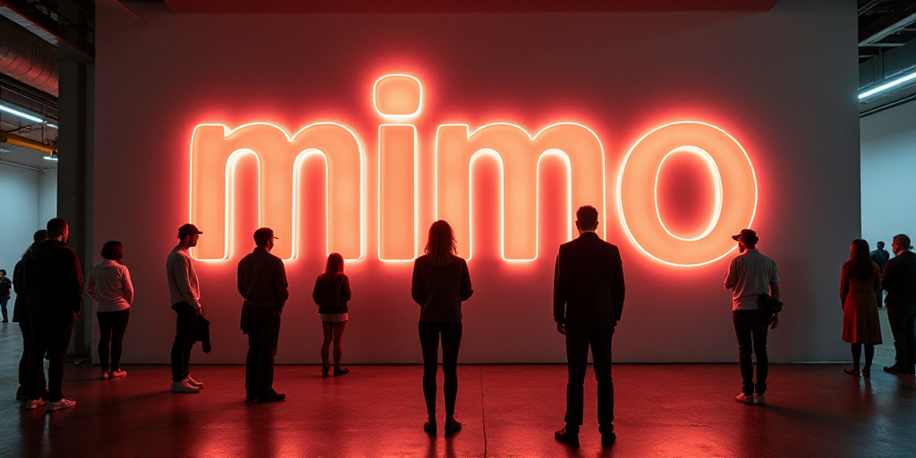 a group of people standing in front of a sign that says mimo on it's side of a wall, Fan Qi, 150mp,