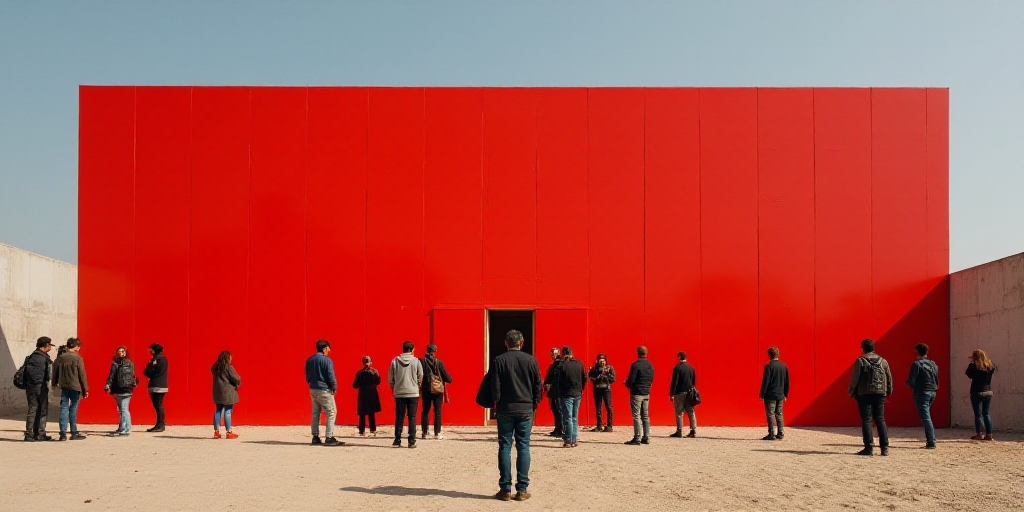 a group of people standing in front of a red sign with a red sign on it's side, Eduardo Lefebvre Sco