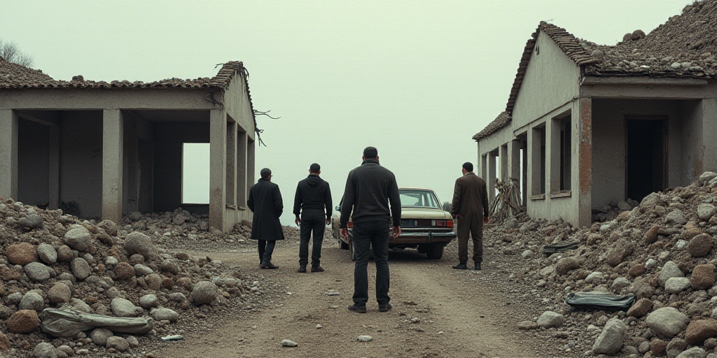 a group of people standing in a destroyed building with a car in the background and a building with