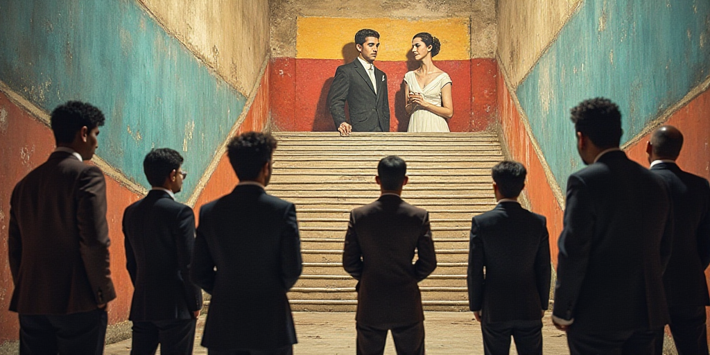 a group of people standing in front of a mural of a man and woman on a staircase with a man in a sui