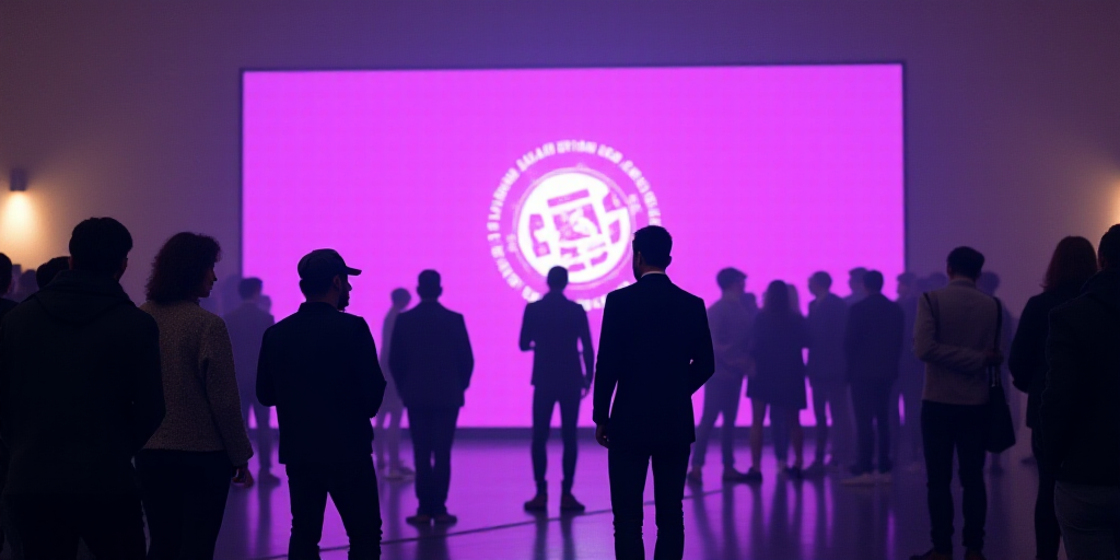 a group of people standing in front of a purple sign with a logo on it and a crowd of people behind