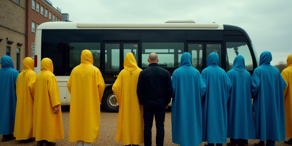 a group of people standing in front of a bus with blue and yellow robes on them and a man in a black