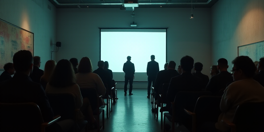 a group of people standing in front of a screen in a room with chairs and a projector screen, Aracel