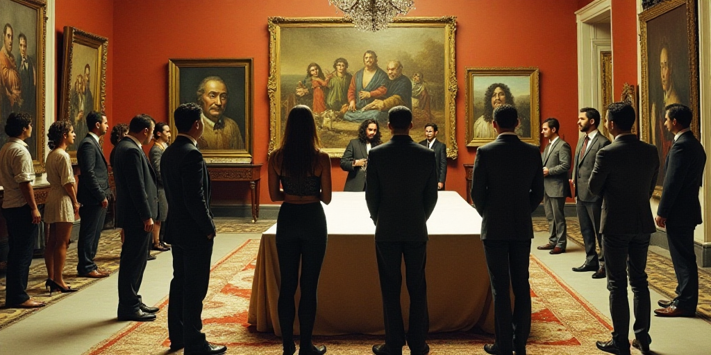 a group of people standing in front of a table in a room with paintings on the walls and a table clo