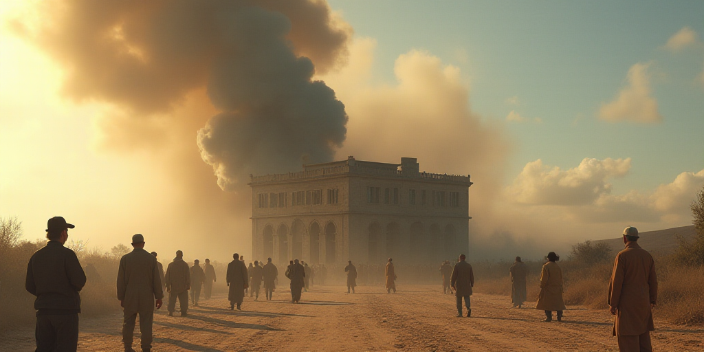 a group of people standing in front of a building with a large plume of smoke coming out of it, Bouc