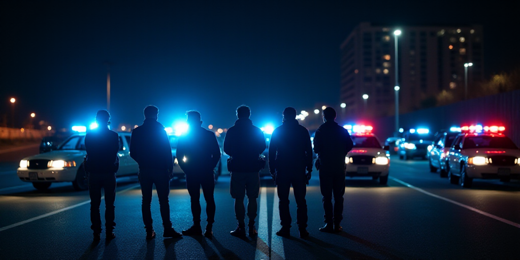 a group of people standing in front of a line of police cars in a parking lot at night time, Dong Ki