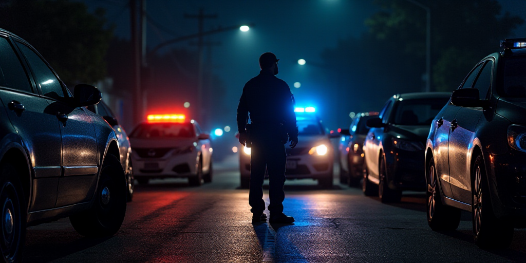 a group of people standing in front of a line of parked cars at night time with a police officer sta