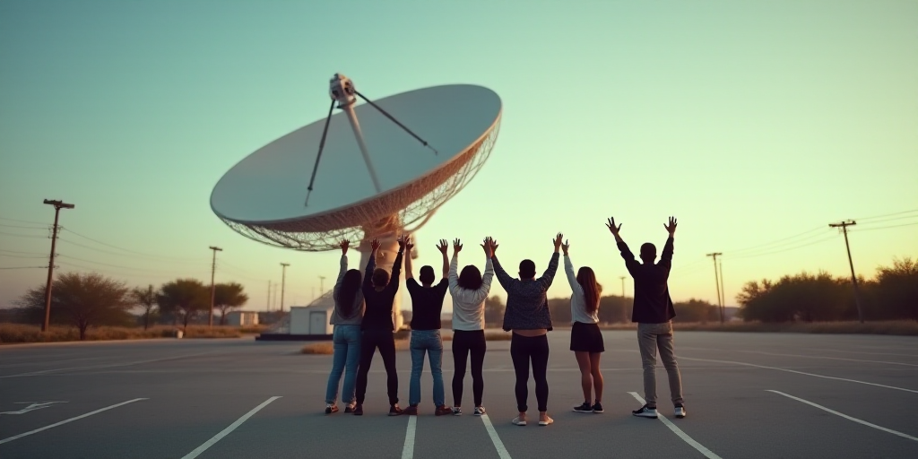 a group of people standing in front of a satellite dish in a parking lot with their hands up in the