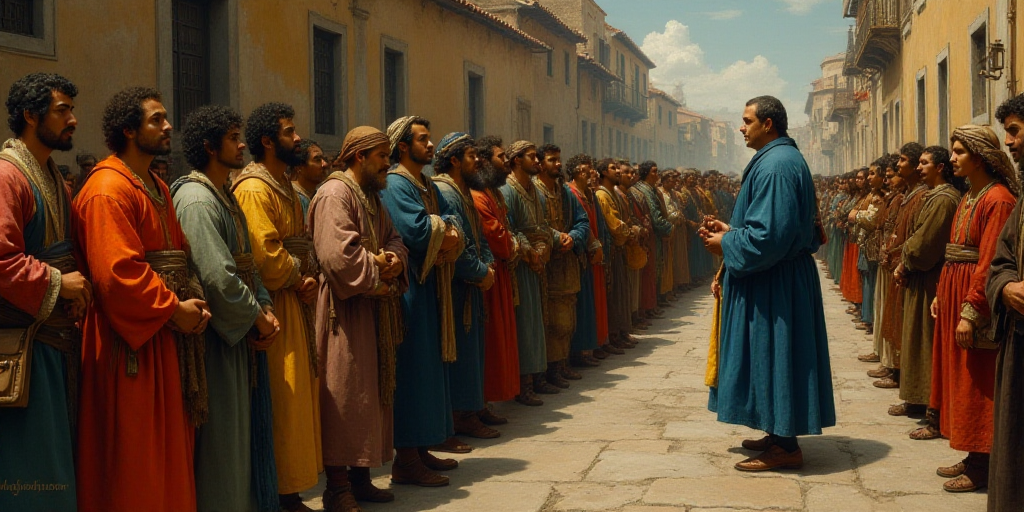 a group of people standing in a line on a street with a crowd of people behind them and a man in a b