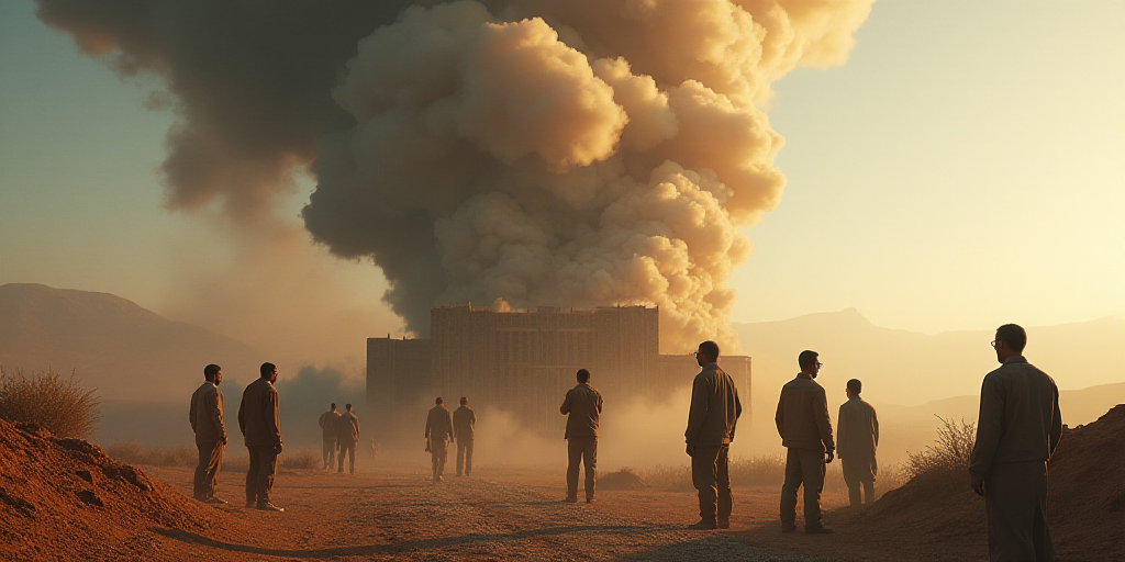 a group of people standing in front of a building with a large plume of smoke coming out of it, Bouc