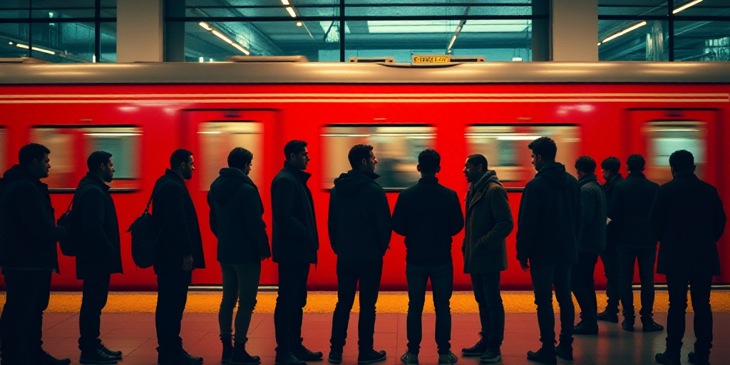 a group of people standing in front of a train at a station with a red train in the background, Fede