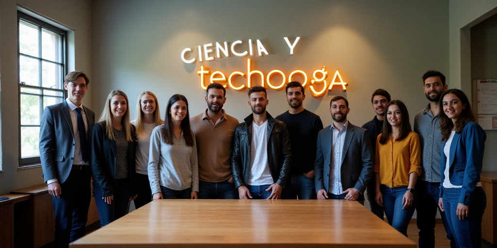 a group of people standing in front of a wooden table in a room with a sign that says ciencia y tech