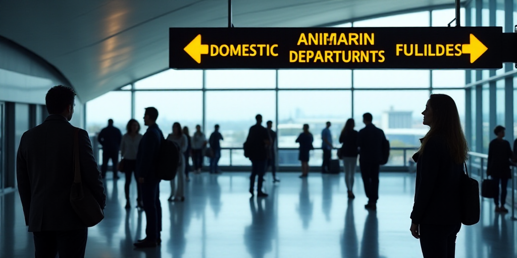 a group of people standing in a lobby next to a sign that says domestic departures on it's side, Amb