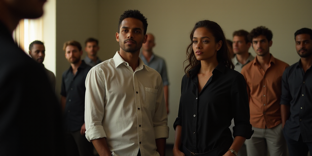 a group of people standing in a room with a man in a white shirt and a woman in a black shirt, Eddie
