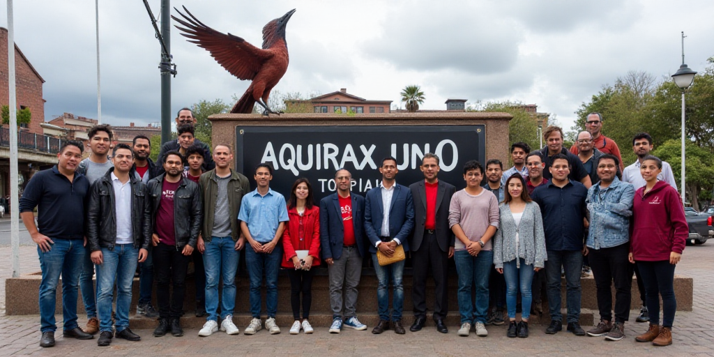 a group of people standing next to each other in front of a sign with a bird on it's head, Aquirax U