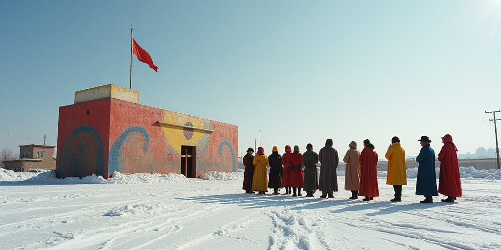 a group of people standing next to each other near a flag pole and a building with a flag on it, Dav