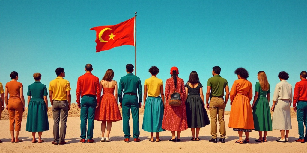 a group of people standing next to each other under a blue sky with a flag flying in the background,