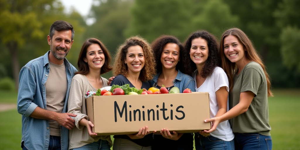 a group of people standing next to each other holding a box of food and a sign that says mininitis,