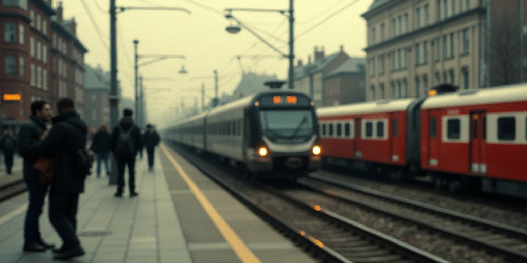 a group of people standing next to a train on a track near a train station with a train on the track