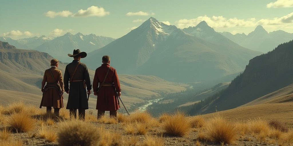 a group of people standing next to each other in front of a mountain range with a gun in hand, Charl
