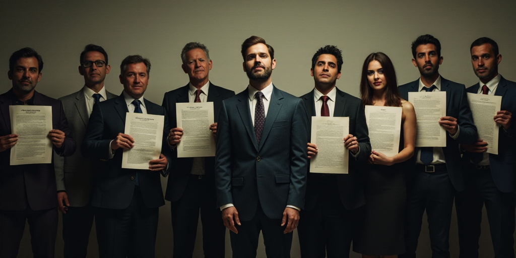 a group of people standing next to each other holding up papers and posing for a picture with a man