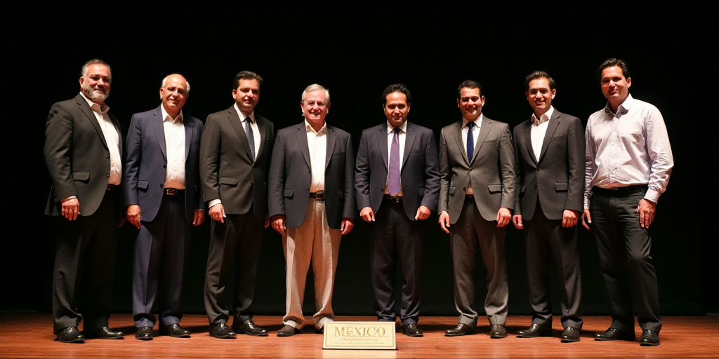 a group of people standing next to each other on a stage with a plaque in front of them that reads m