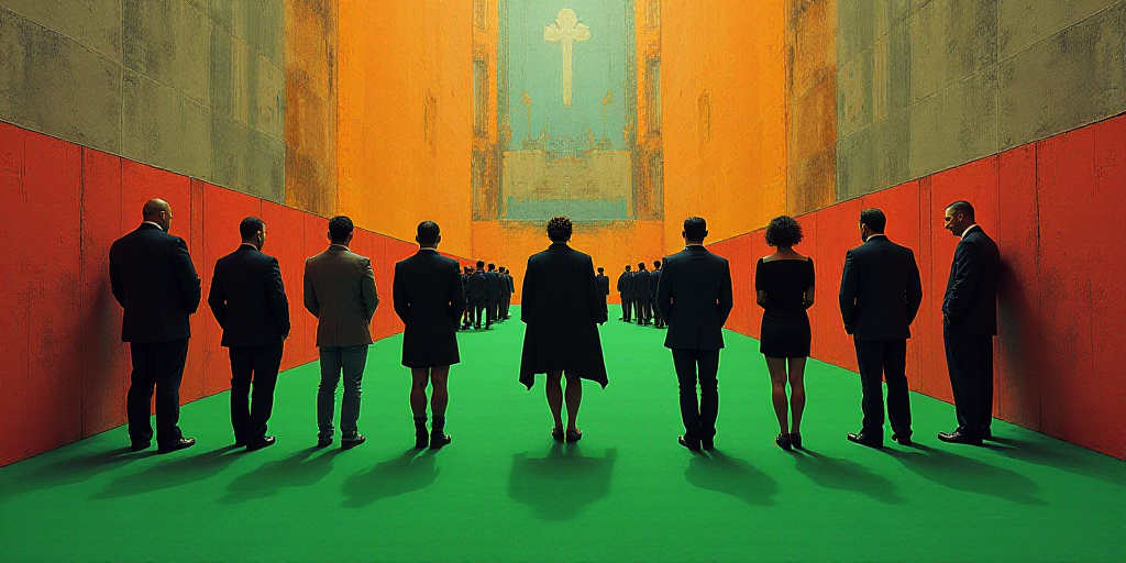 a group of people standing next to each other on a green carpeted floor with a sign behind them, Dav