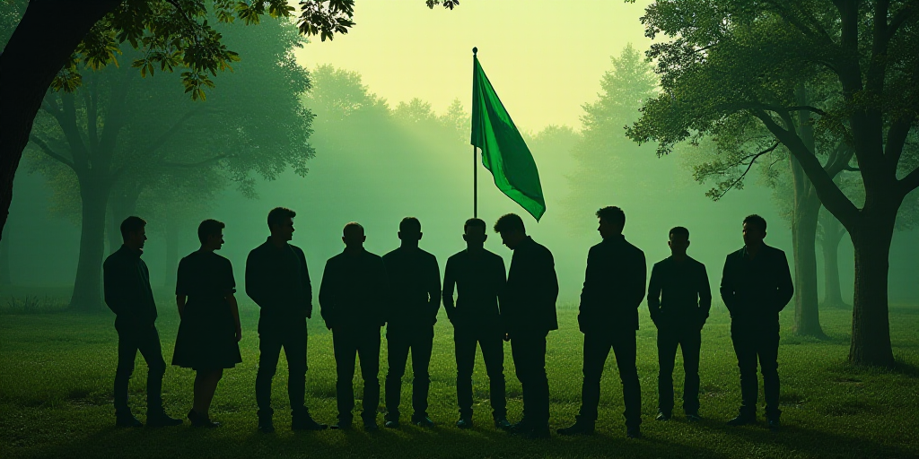 a group of people standing next to each other in a garden area with a green flag in the background,