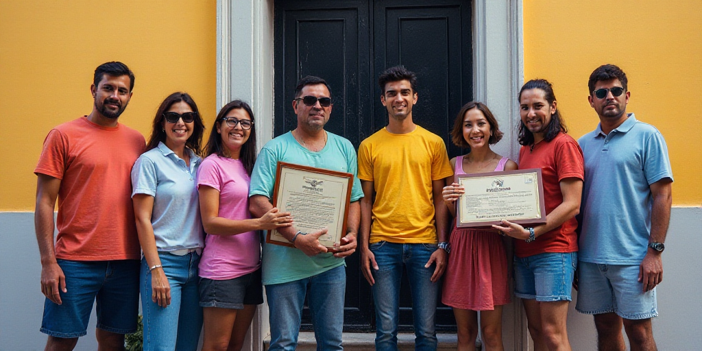 a group of people standing next to each other holding a plaque and a plaque in front of a building,