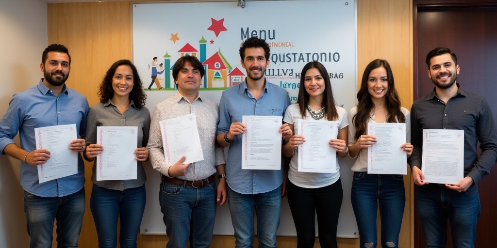 a group of people standing next to each other holding up papers and folders in front of a banner, Ca