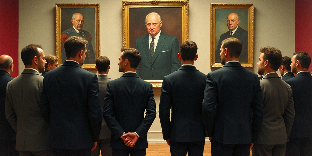 a group of people standing next to each other in front of a painting of a man in a suit, Boris Vladi