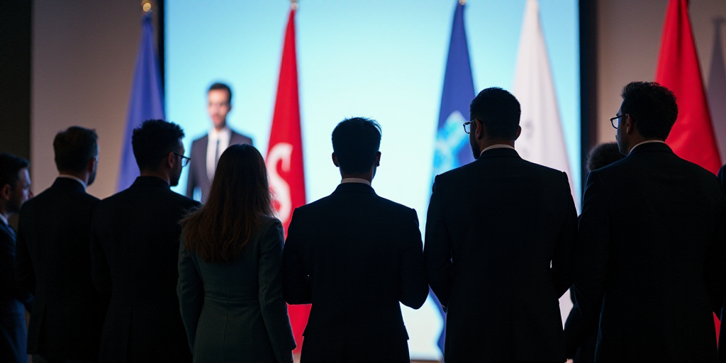a group of people standing next to each other in front of a screen with flags on it and a man in a s