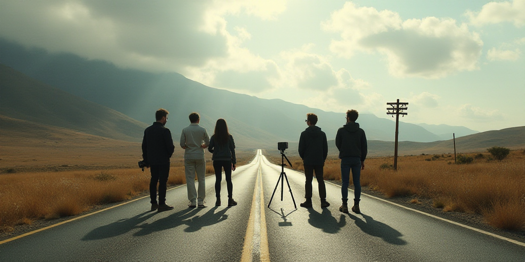 a group of people standing on a road with a camera and a tripod in hand and a camera on a tripod, da
