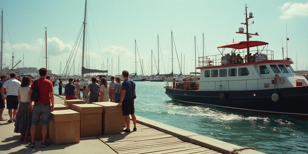 a group of people standing on a boat dock with boxes on it and a sign in the background that says ma