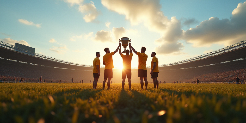 a group of people standing on top of a field holding a trophy in front of a crowd of people, Aquirax