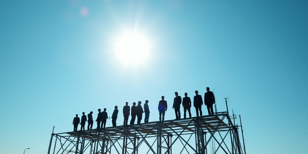 a group of people standing on top of a metal structure under a blue sky with the sun shining behind