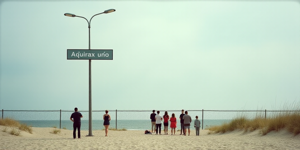 a group of people standing on a beach next to a fence and a street light with a sign on it, Aquirax