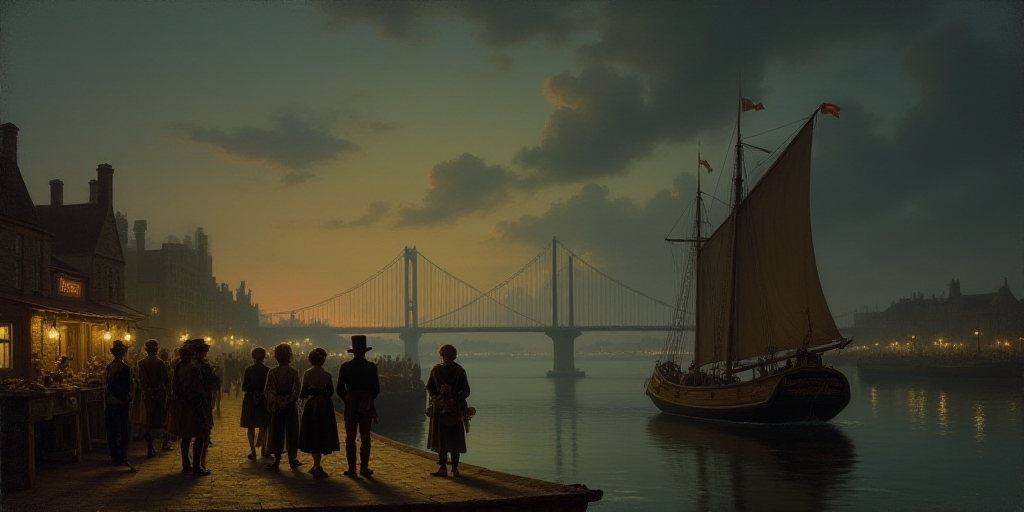 a group of people standing on a pier next to a boat in the water at night time with a bridge in the