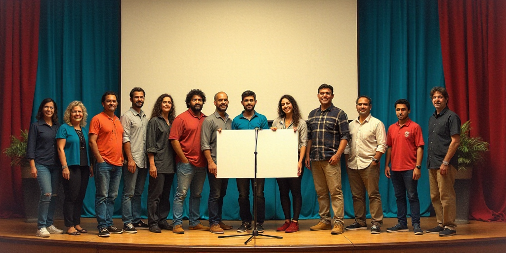 a group of people standing on a stage holding a large paper and a microphone in front of them with a