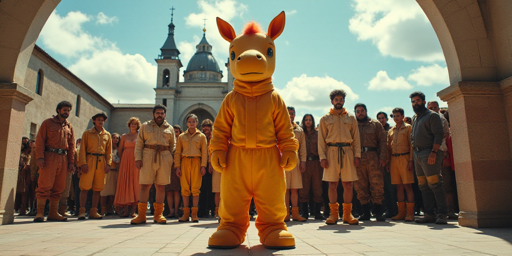 a group of people standing on a stage with a horse mascot in front of them and a building in the bac