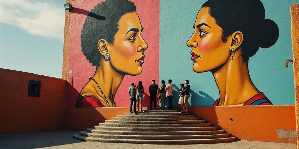 a group of people standing on a staircase in front of a mural of a man and woman on the wall, David