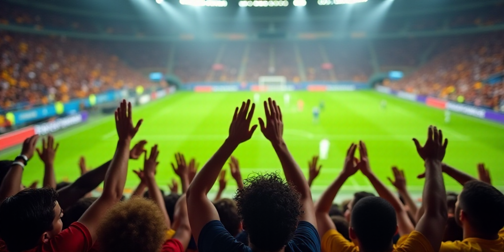 a group of people standing on top of a soccer field holding hands up in the air and clapping to the