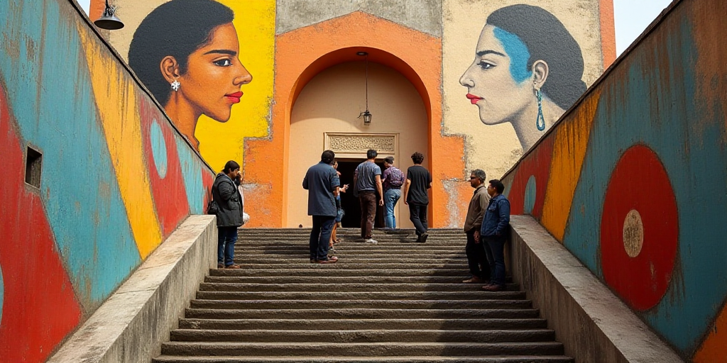 a group of people standing on a staircase in front of a mural of a man and woman on the wall, David