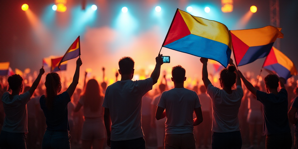 a group of people standing on a stage holding flags and flags in their hands and a man holding a cel