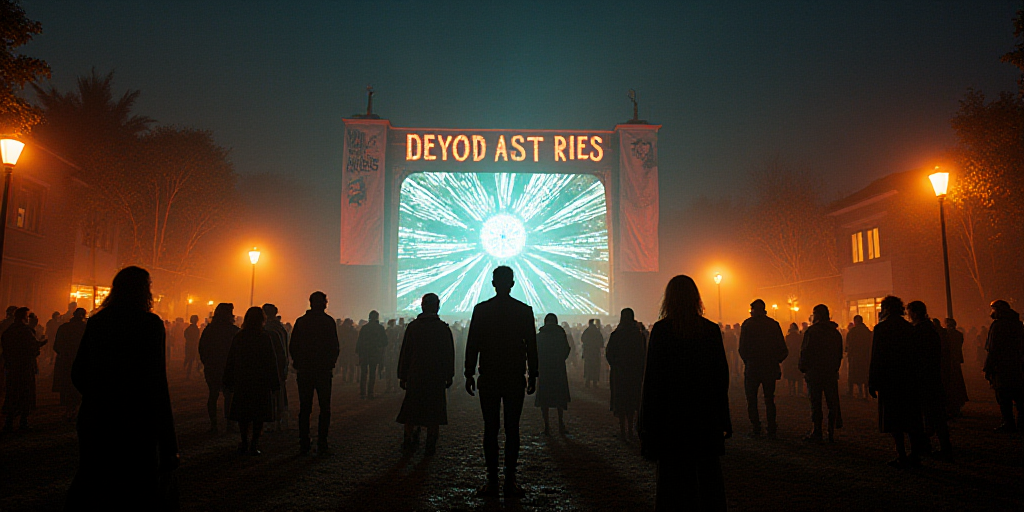 a group of people standing on a stage in front of a building with banners and lights on it and a lam