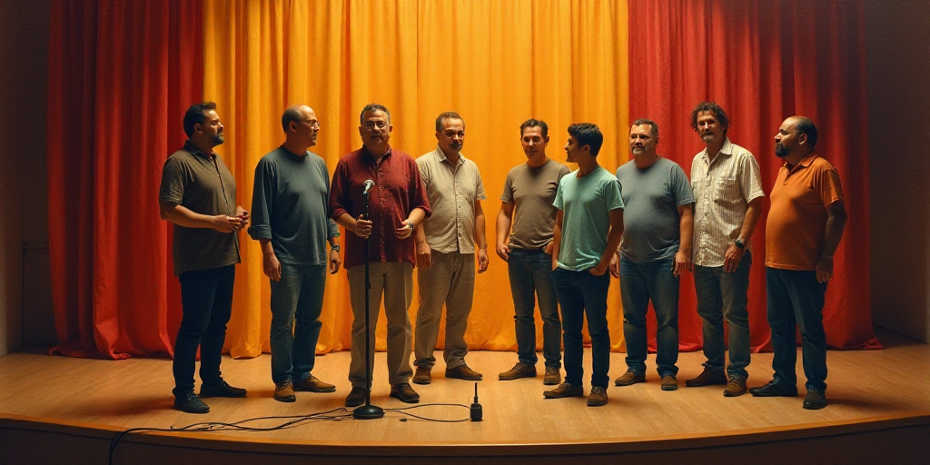 a group of people standing on a stage with a microphone in front of them and a curtain behind them,